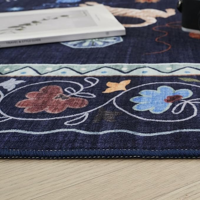 Rugcomf Runner Rug for Kitchen Non Slip 2'6''x8' Washable Rugs with Rubber Backing Soft Floral Animal Cat Carpet Runner for Kitchen Laundry Bedroom Bathroom, Cobalt Blue