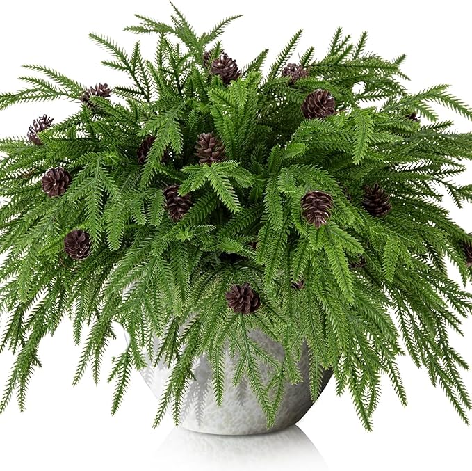 Watayo 10 Pcs Christmas Norfolk Pine Branches with Pine Cones, 19" Extra Length Fake Greenery Norfolk Pine Stems Sprigs, Artificial Xmas Branches Plants Pine Leaves for DIY Craft Garland Home Decor
