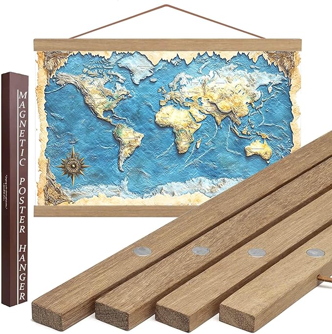 DACRI HOME 46" Magnetic Poster Hanger Frame - Sturdy Teak Wood Poster Frame, Strong Magnets for Easy Hanging Map Picture Canvas Print Scroll Wall Art (46 Inch, Natural Wood)