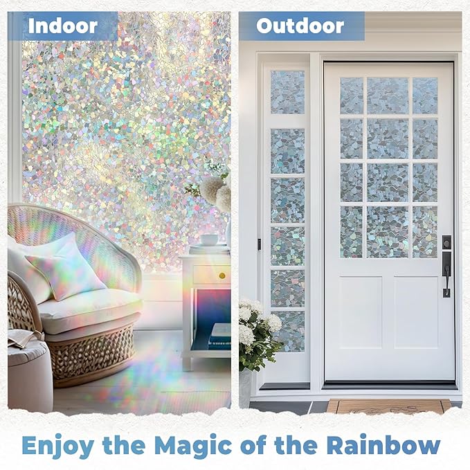 DOWELL Window Privacy Film Rainbow Film, Stained Glass Decorative Sticker, Static Cling Non-Adhesive Glass Clings, Sun Blocking Heat Control Window Coverings for Home Door, 17.5" x 118.1"