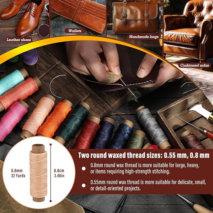 0.8 mm Leather Sewing Thread, 16 Colors 32 Yards Waxed Thread, Round Waxed Thread,Wax String for Bracelet Making, Sewing Stitching, Bookbinding, Braiding, Beading