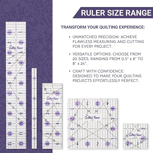 The Quilted Bear Quilting Rulers - Transparent Acrylic Non Slip Quilting, Patchwork & Sewing Ruler with Clear Black Lines & 30, 45 & 60 Degree Angles for Perfect Accuracy & Precision (2.5" x 2.5")