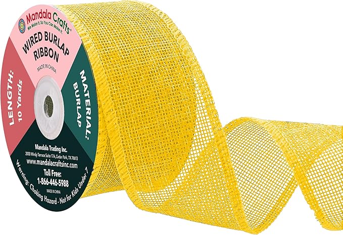 Mandala Crafts Yellow Burlap Wired Ribbon 2 Inches Wide Jute Ribbons for Crafts - 10 Yds Roll Rustic Burlap Wrap Trim Ribbons for Wreaths Bows Party Decoration
