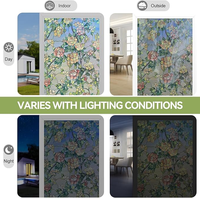Stained Glass Window Film, 3D Decorative Window Privacy Film for Bathroom,Front Door,Home, Sun Blocking Heat Control,Static Cling, The Beast's Rose 17.3inch x 47.2inch