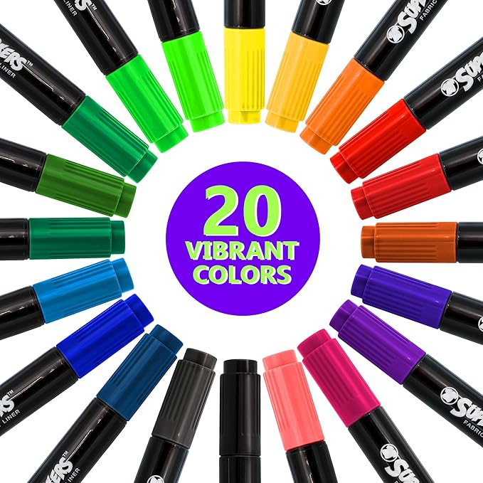 Super Markers 60 Unique Primary, Pastel, Neon Colors Dual Tip Fabric & T-Shirt Marker Set - Double-Ended Fabric Markers with Chisel Point and Fine Point Tips - Bright Vibrant Bold Permanent Ink Colors