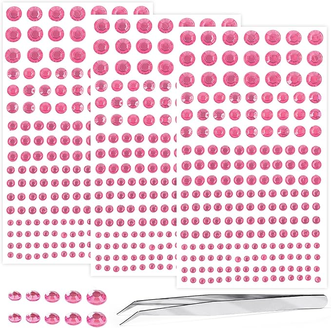 Self Adhesive Face Gems and Pearls for Makeup, Festival Jewels, Hair Gems Pearls, 3/4/5/6/8 mm Round Rhinestone Stickers for Face, Eye, Makeup, Body, Crafts 591Pcs (11_Light Pink)