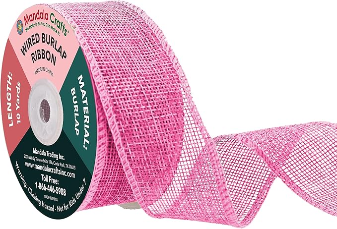 Mandala Crafts Pink Burlap Wired Ribbon 1.5 Inches Wide Jute Ribbons for Crafts - 10 Yds Roll Rustic Burlap Wrap Trim Ribbons for Wreaths Bows Party Decoration