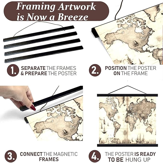 DACRI HOME 55" Magnetic Poster Hanger Frame - Sturdy Teak Wood Poster Frame, Strong Magnets for Easy Hanging Map Picture Canvas Print Scroll Wall Art 55x32 55x39 55x40 (55 Inch, Black)