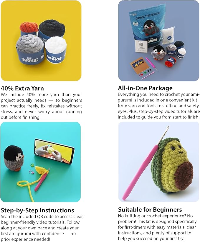 THE GOOKIE Amigurumi Crochet Kit for Beginners – DIY Crochet Kit with Yarn, Hook, Eyes & Stuffing – Easy Starter Set with Video Tutorials – Cute Plush Toy Craft Gift for Kids, Teens & Adults (Chick)