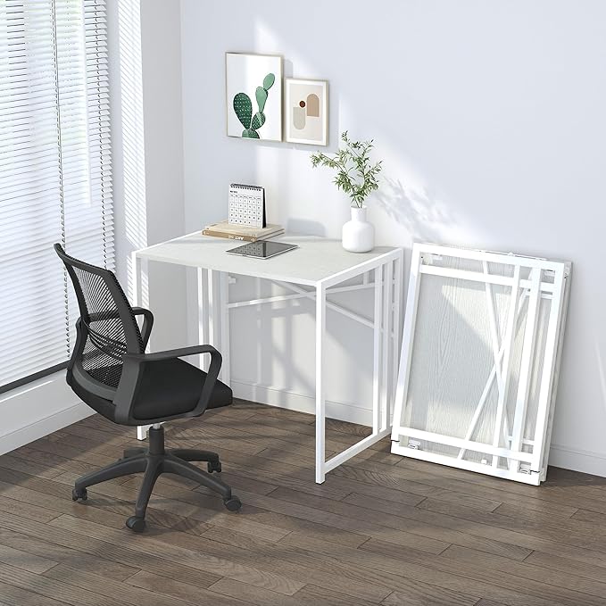 Small Folding Desk 32 inch, No Assembly Required Small Office Desk, Writing Gaming Computer Camping Desk, White