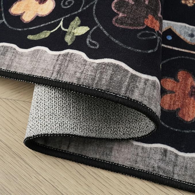 Rugcomf Bedroom Rug 3x5 Rug Washable Area Rug Non Slip Low Pile Boho Floral Animal Cat Small Carpet for Bedroom Bedside Kitchen Entryway Kids Room Office College Dorm Essentials for Girls, Black