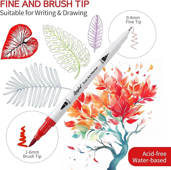 Dual Tip Art Markers Pens for Kids Adult Coloring Books Artist Fine and Brush Tip Colored Pens Water-color Pens for Journaling Note Taking Writing Planning Art Project