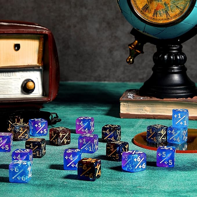 Sumind 24 Pcs Magic Life Counter Dice -1/+1 Counters Commander Buff Tokens 6 Sided Dice Loyalty Life Gifts Compatible with MTG CCG TCG Cards Gaming Accessory (Artsy Style)