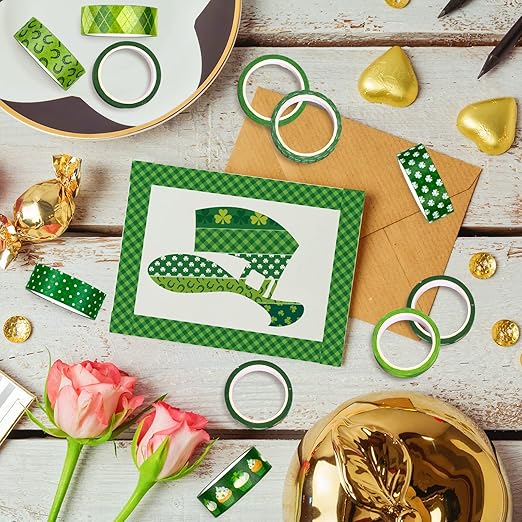 Whaline 12 Rolls St. Patrick's Day Washi Tape Green Shamrock Washi Masking Tape 15mm Clover Plaids Lucky Holiday Paper Tape Sticker for Irish Party Scrapbook Gift Packing DIY Craft Decor, 16.4Ft