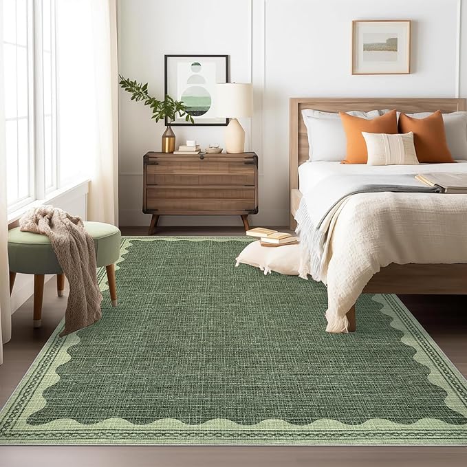 Scalloped Washable Rug 5x7 Area Rugs for Living Room, Solid Green Rug for Bedroom Girls, Non Slip Scalloped Throw Mat with Rubber Back, Soft Dorm Nursery Low Pile Carpet for Dining Room