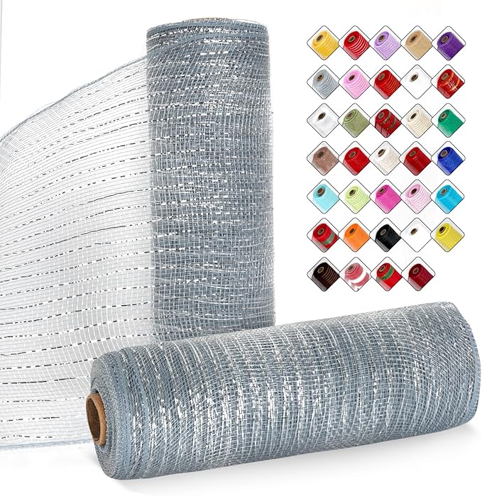 2 Rolls Mesh Ribbon for Wreaths 10 Inch x 30 Foot Wreath Mesh Rolls with Metallic Foil for Easter Christmas Party Wedding Home Decor DIY Craft Projects and Gift Wrapping (Gray)