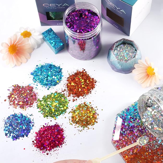 Ceya Holographic Chunky Glitter, 4.9oz/ 140g Light Green Craft Glitter Powder Mixed Chunky & Fine Flakes Iridescent Nail Sequins for St Patricks Day Party Decor, Epoxy Resin, Tumblers, Slime, Painting