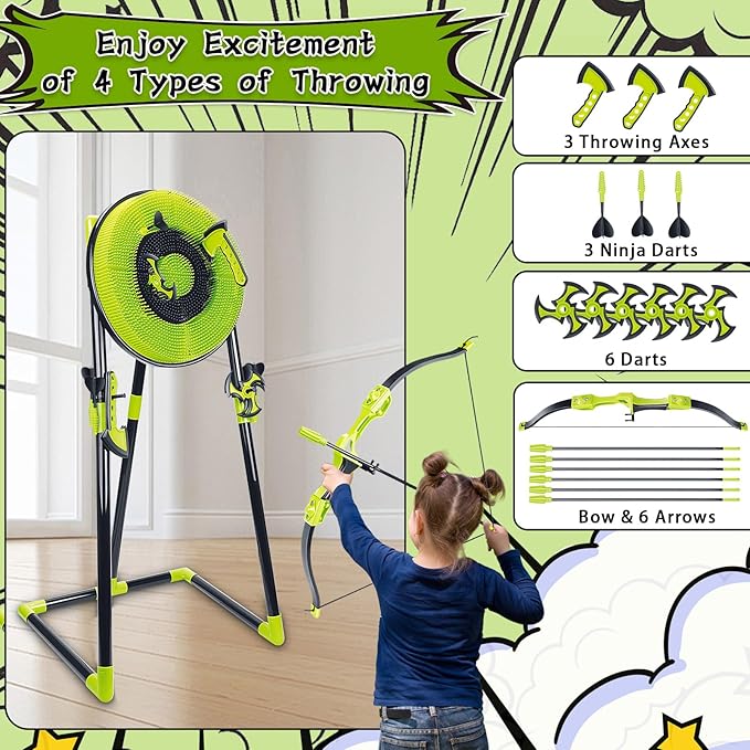 Axe Throwing Game for Backyard - 4 in 1 Outdoor Games for Kids Adults Family - Bristle Target, Bow & 5 Arrow, 3 Throwing Axes, 3 Ninja Stars, 6 Darts Includes - Archery Games for Yard Lawn Carnival