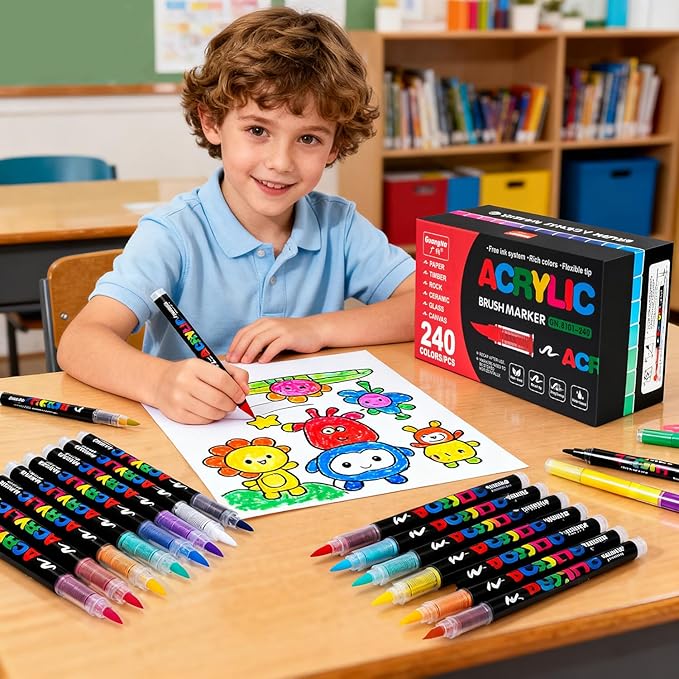 Acrylic Paint Markers Pens, 240 Vivid Colors Acrylic Markers Set,Direct Liquid Type, Stackable Color, Odorless Soft Head，Markers for School，Tooli Art ，Fabric & Creative Crafts (240)
