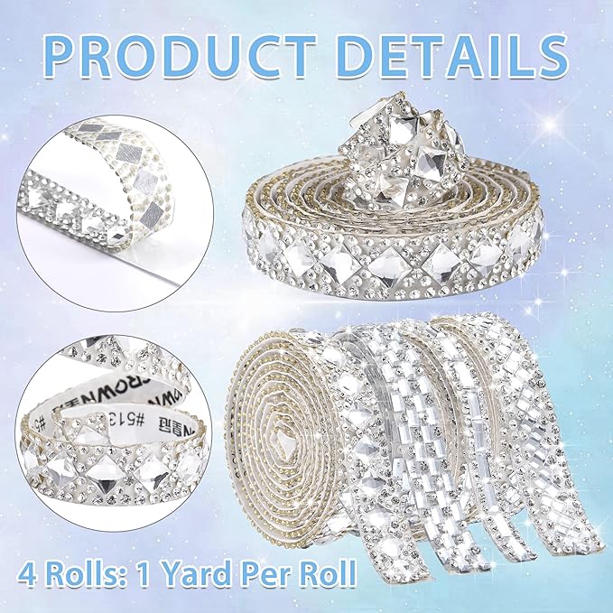 4 Rolls Bling Rhinestone Ribbon Crystal Strips, 4 Styles Self Adhesive Glass Crystal Sticker Rhinestone Tape for DIY Car&Craft Wedding Christmas Gift Decoration