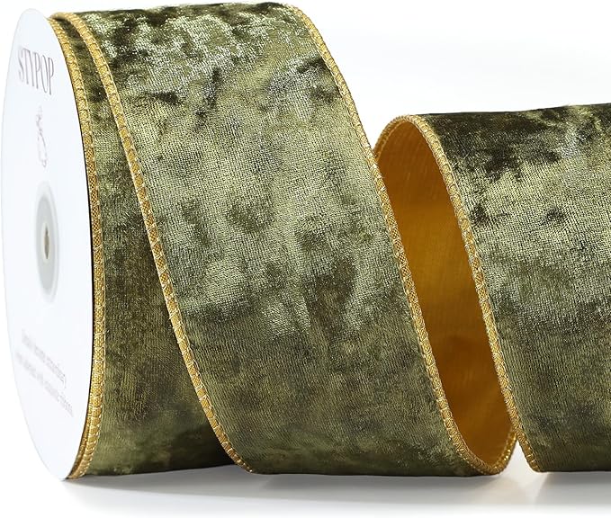Olive Green Christmas Velvet Ribbon Wired (2.5" × 15 Yards) - Christmas Ribbon for Christmas Tree Decoration/Gift Wrapping/Crafts Wreaths Supplies