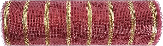 MEEDEE Burgundy and Gold Deco Mesh 10 Inch Metallic Striped Deco Mesh Christmas Mesh Ribbon for Christmas Tree, Wreaths, Garland, Gift Wrapping, Bows Making (30 Feet)
