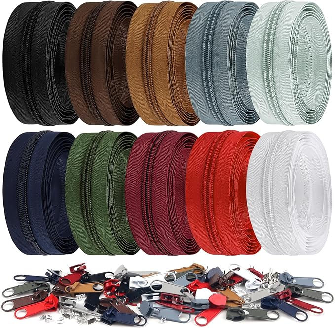 DOITEM 22.2 Yards/ 20 m 10 Pieces Assorted Colors #5 Nylon Coil Zippers, Sewing Zippers Endless Zips with 40 Pieces Zipper Sliders Zip Heads for DIY Sewing Tailor Craft Supplies