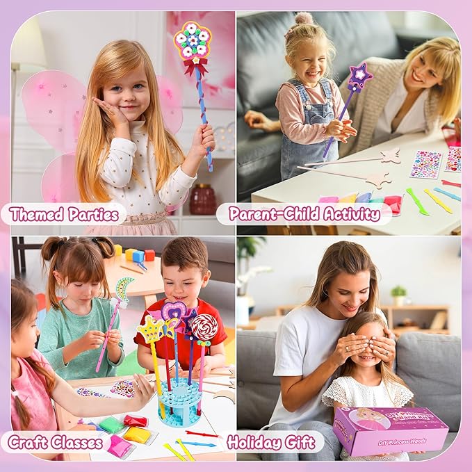 Make Your Own Princess Magic Wand Kit - DIY Fairy Craft Set for Kids Girls - Birthday Party Gift, 39 PCS to Create 14 Wands