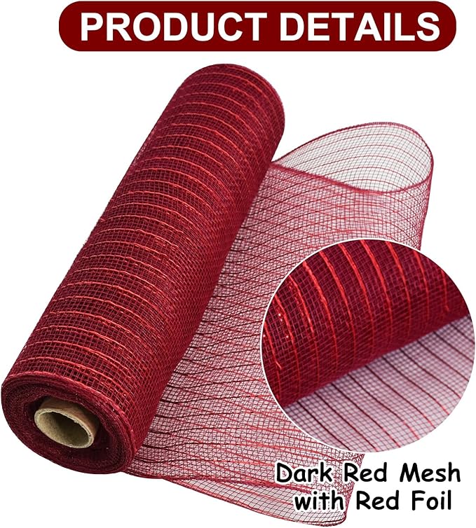 TONIFUL 2 Rolls 10 Inch Claret Decorative Mesh Ribbbon Rolls, Fabric Mesh with Foil for Wreath Supplies, Front Door Wreath Crafts Tree Decor Christmas NewYears Halloween Decoration (10 yds/roll)