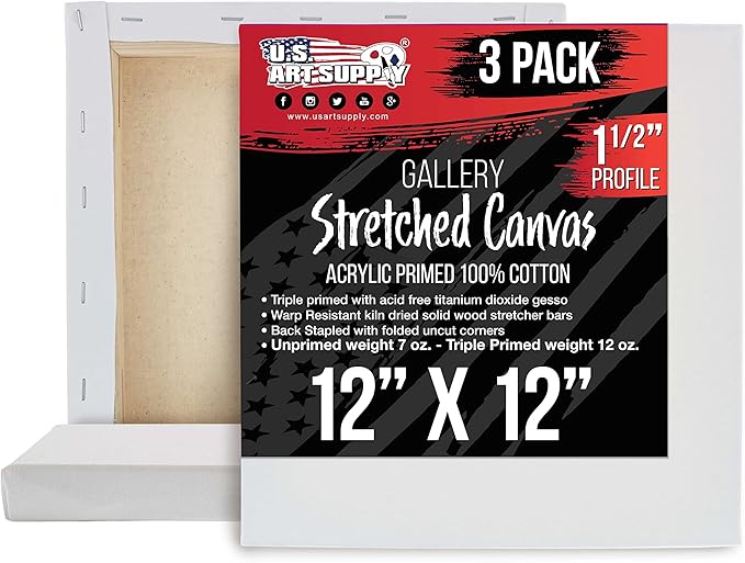 U.S. Art Supply Square Stretched Canvas for Painting 12x12 inch Gallery Depth 1-1/2" Thick, 3-Pack - 12oz Acrylic Gesso Triple Primed, Professional Artist Quality, 100% Cotton - Pouring, Oil Paint
