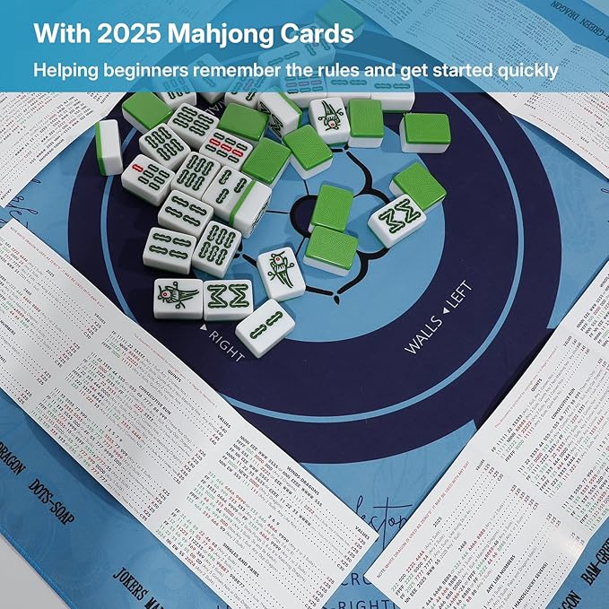 Mahjong Mat, Mahjong Mat for Table, Comes with 1 Velvet Mahjong Mat Storage Bag, with 2025 Mahjong Cards (4pcs), Fit for Mahjong/Poker/Board Games/Card Games/Dominoes (Blue)