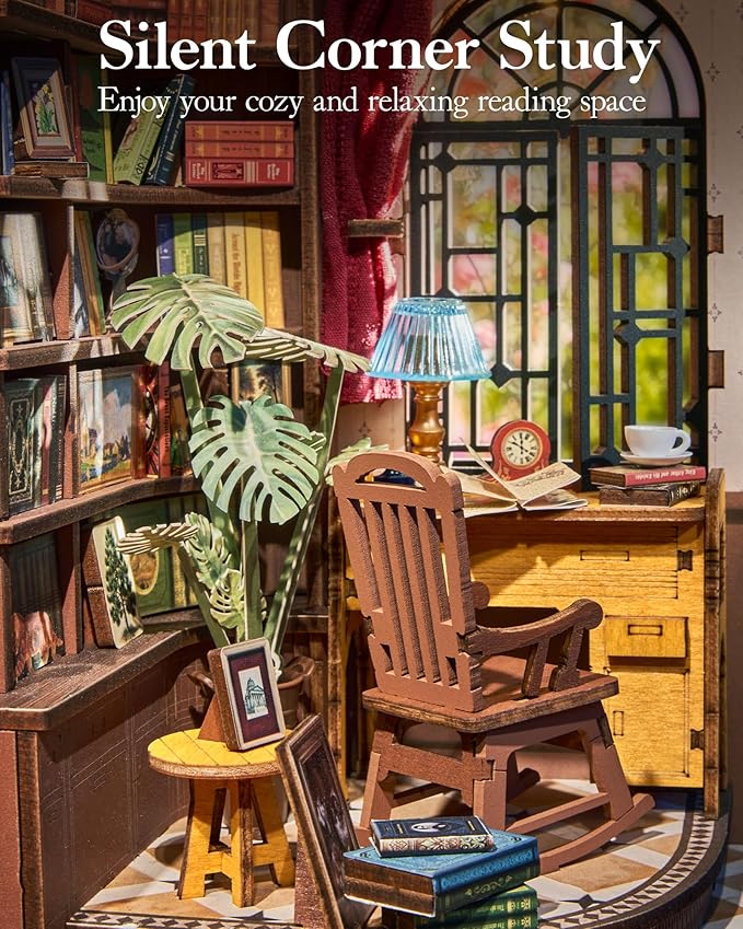 ROBOTIME Book Nook Kit, DIY Miniature House Kit, 3D Wooden Puzzle Bookends,Bookshelf Decor, Simple Assembly Dollhouse Kit, Creative Unique Gifts for Adults/Teens/Beginner (Silent Corner Study)