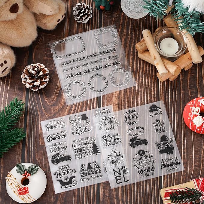 Whaline 5 Sheet Christmas Clear Stamps Wreath Snowman Gnome Silicone Transparent Stamps Greeting Words Border Stamp Cards for DIY Craft Card Making Scrapbooking Embossing Album Decor