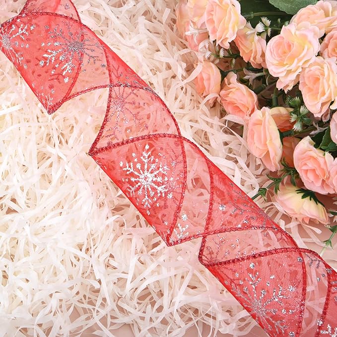 2.5 Inch Wide Christmas Wired Ribbon Snowflake Organza Sheer Glitter Ribbon for Xmas Tree, Wreath, Party Decoration, Gift Wrapping (Red, 21.9 Yards)