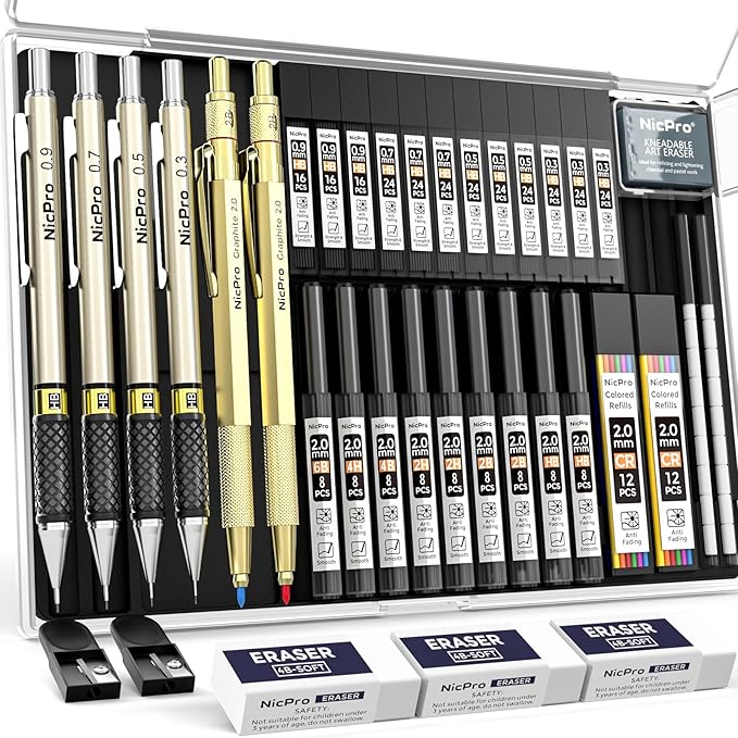 Nicpro 37PCS Gold Art Mechanical Pencil Set, 4PCS Metal Drafting Pencil 0.3/0.5/0.7/0.9 mm & 2PCS 2mm Lead Holder (6B 4B 2B HB 2H 4H) School Supplies for Sketching Drawing with 23 Tube Lead Refills