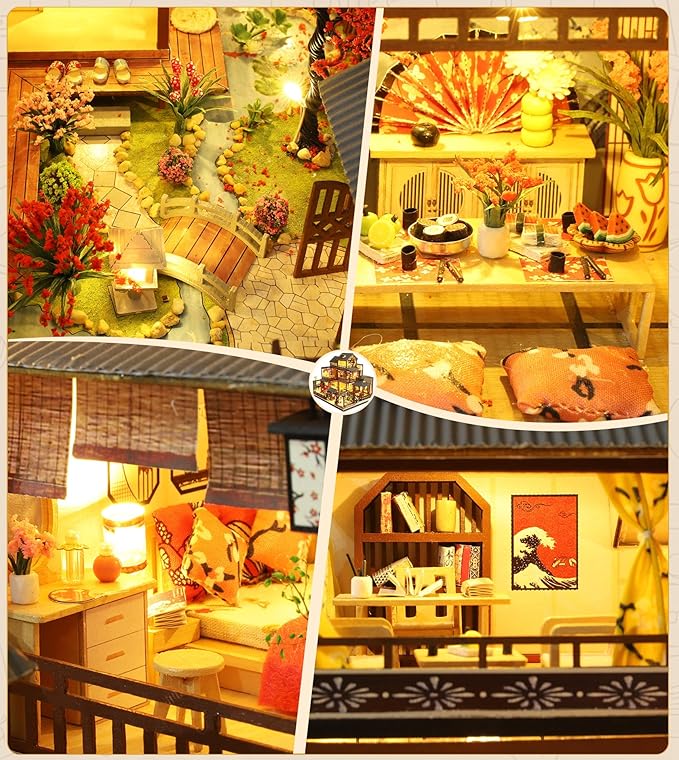 Spilay DIY Dollhouse Miniature with Wooden Furniture,DIY Dollhouse Kit Big Japanese Courtyard Model with LED & Music Box,1:24 Scale Creative Room Gift Idea for Adult Friend Lover (Yaquan Courtyard)