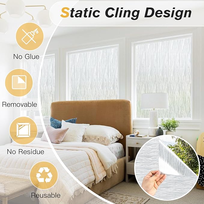 Haton Window Privacy Film, Frosted Glass Privacy Window Clings, Sun Blocking Frosting Opaque Coverings, Static Cling Removable Decorative Stickers for Home Door, Non-Adhesive 11.8" x 78.7"