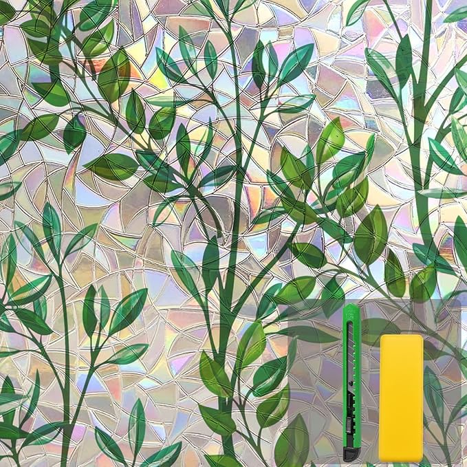 Niviy Window Privacy Film Stained Glass Window Film with Installation Tools, Rainbow Windows Decorative Decals Non-Adhesive Reusable for Home, Bathroom, Glass Door (Leaf Rainbow, 35.4 x 78.7 in)