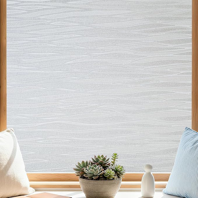 Finnez Frosted Privacy Window Film Static Cling, Non-Adhesive Decorative Cover for Glass Door & Windows, No Glue Removable Clings UV Blocking Waves Design for Home Office 45.2 x 157.4 Inches