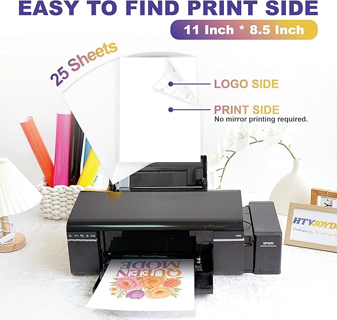HTVJOYDO Iron-On Heat Transfer Paper for T-Shirts, 25 Sheets 8.5x11", Iron on Vinyl for Dark Fabric, Printable Heat Transfer Vinyl for Inkjet Printer, Perfect for Summer Crafts