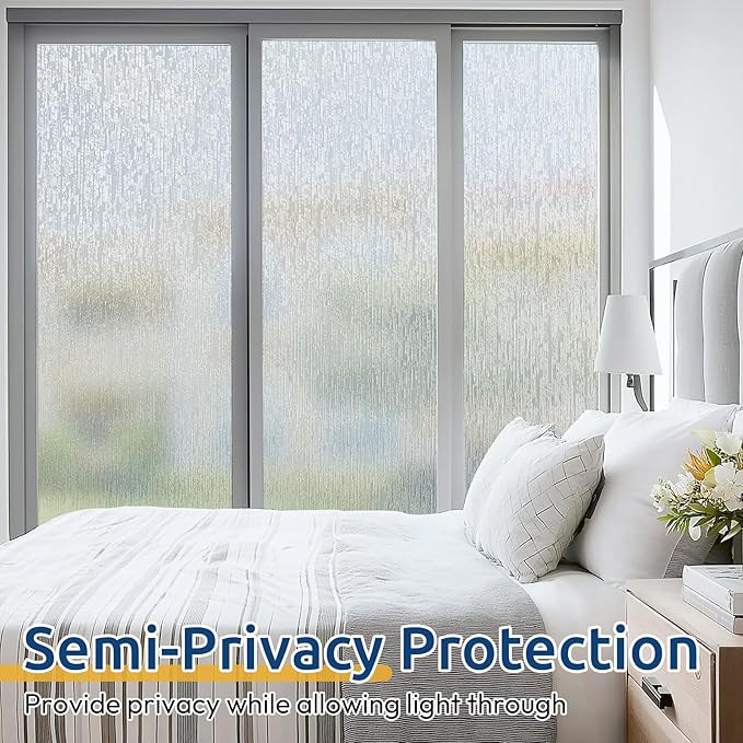 rabbitgoo Window Privacy Film Frosted Glass Clings, Decorative Sun UV Blocking Static Cling Window Covering, Removable Frosting Sticker for Home, Rain Silk, 23.6 x 157.4 Inches
