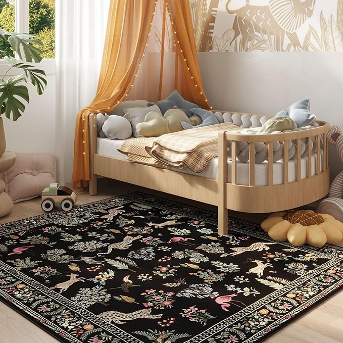 Rugcomf Area Rugs 8x10 Rug for Living Room Clearance Washable Boho Area Rug Non Slip Floral Animal Vintage Low Pile Large Rug for Living Room, Bedroom, Farmhouse, Dining Room, Kids Playroom (Black)