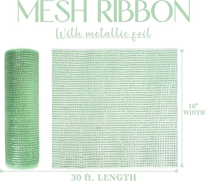 MEEDEE Sage Green Deco Mesh 10 Inch Rolls Deluxe Wide Foil Metallic Mesh Fabric Light Green Mesh Ribbon for Christmas Tree, Wreaths, Garland, Gift Wrapping, Bows Making (30 Feet)