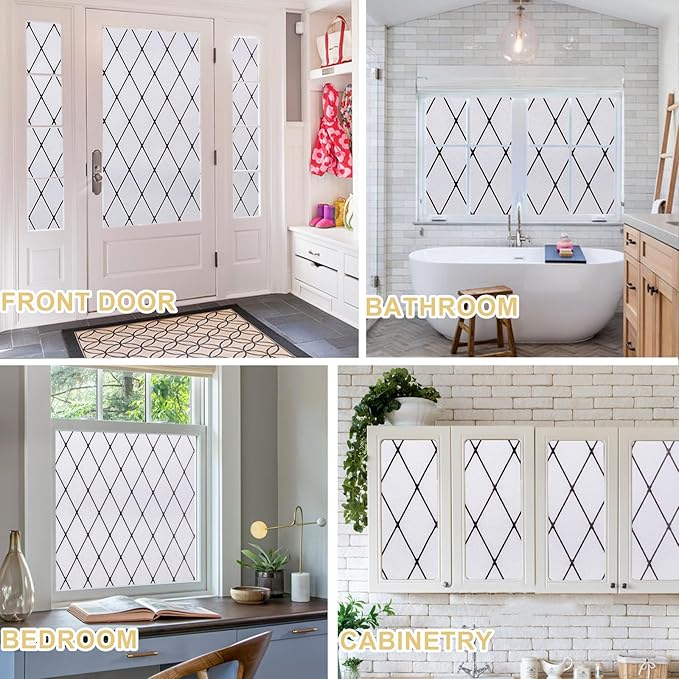Window Privacy Film Decorative for Front Door, Bathroom Static Cling Stained Glass Sticker Opaque Heat Control UV Blocking Non-Adhesive for Home,Black Grid 35.4 x 78.7 inches