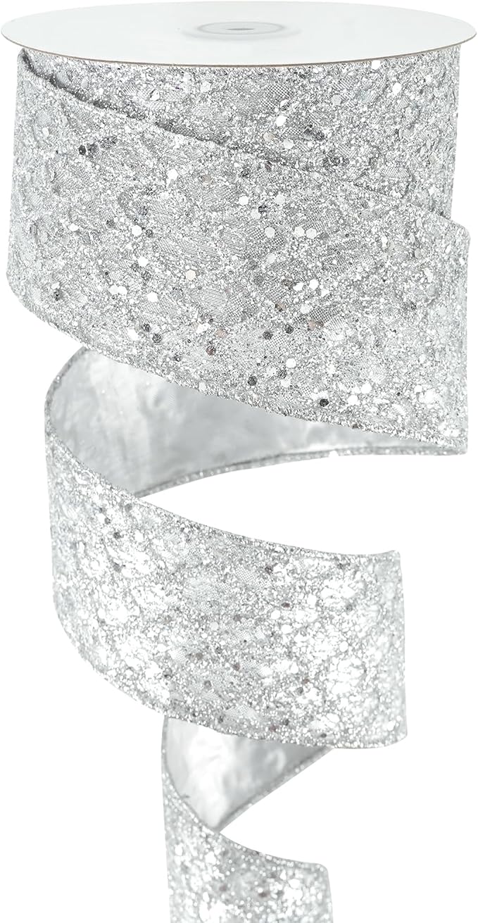 HUIHUANG Silver Glitter Wired Ribbon for Christmas Tree 2.5 inch Silver Diamond Mesh Ribbon for Tree Decoration, Wreaths, Garland, Gift Wrapping, Large Bows Making, Home Decor -10 Yards