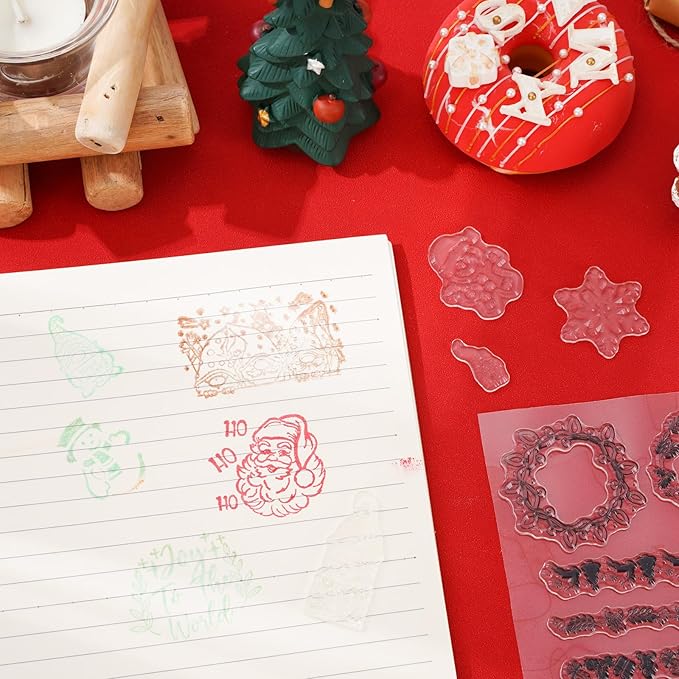 Whaline 5 Sheet Christmas Clear Stamps Wreath Snowman Gnome Silicone Transparent Stamps Greeting Words Border Stamp Cards for DIY Craft Card Making Scrapbooking Embossing Album Decor