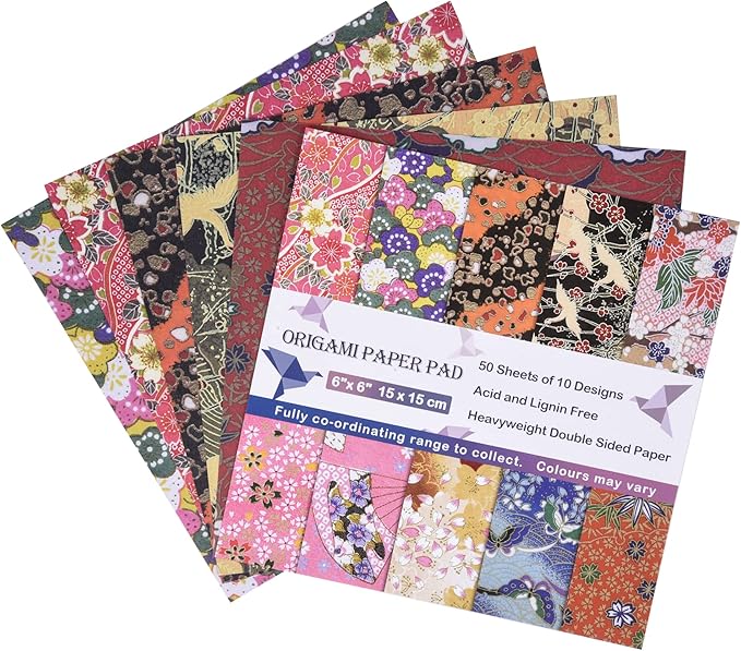 Origami Paper Kit 50 Sheets 6 Inch Square Double Sided Color 10 Vivid Sakura Washi Chiyo Colors for Hand Crafts Origami Paper Arts Creativity.Cherry Blossoms