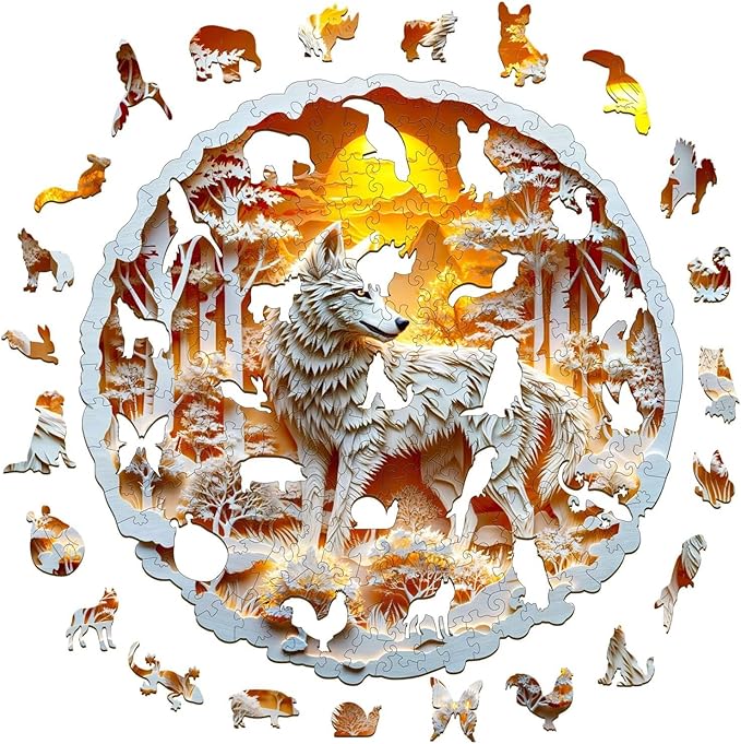 Wooden Puzzles for Adults, 3D Wolf Wooden Puzzles 290 Pieces, Unique Animal Shaped Wood Challenging Jigsaw Puzzles Gifts for Adults, 13.4x13.4in