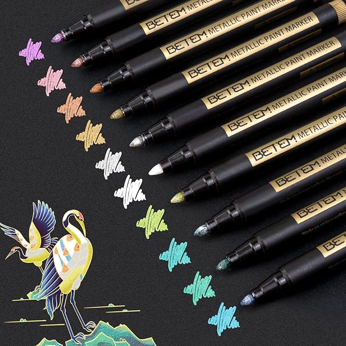 Betem Metallic Paint Markers, 10 Colors Acrylic Paint Markers for Black Paper, 2mm Medium Tips Metallic Glitter Pens Scrapbooking Supplies, Pumpkin Painting Kit for Rock Painting, Cards, Photo Albums