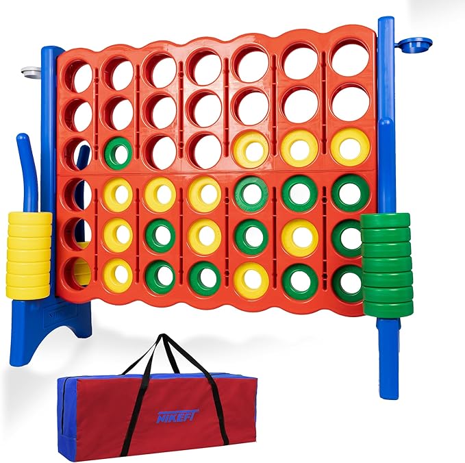 Oversized 4 in a Row Connect Game+Waterproof Carry Bag,Included-4 ft X 3.5 ft Tall,4-to-Score Jumbo with 44 Pieces Rings&Drink Holder,48” Super Size-Indoor&Outdoor Giant 4 Game for Kids&Adults